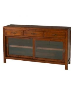 MACABANE Vaisseliers Buffet 2 Portes Coulissantes Vitrées 3 Tiroirs En Mindi