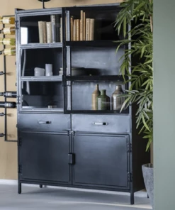 Meubles & Design Vitrines Buffet Haut 180cm Avec Vitrine En Métal Noir -Vaisseliers Soldes Magasin buffet haut 180cm avec vitrine en metal noir 4