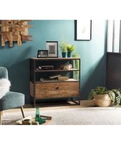 Vaisseliers Soldes Magasin -Vaisseliers Soldes Magasin etagere 1 tiroir en teck recycle acacia mahogany metal noir 1