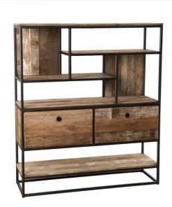 MACABANE Étagères Etagère 2 Tiroirs En Teck Recyclé Acacia Mahogany Métal Et Métal Noir