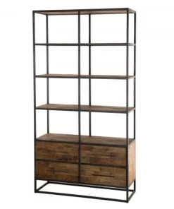 MACABANE Étagères Etagère 4 Niveaux 4 Tiroirs En Teck Recyclé Et Métal Noir