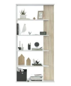 HOMN Étagère Bibliothèque 5 Étagères, Blanc/chêne, Pour Salle à Manger -Vaisseliers Soldes Magasin etagere bibliotheque 5 etageres blanc chene pour salle a manger 2