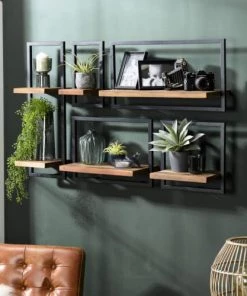 MACABANE Étagères Etagère Murale Métal 2 Plateaux Teck Recyclé Métal Noir -Vaisseliers Soldes Magasin etagere murale metal 2 plateaux teck recycle metal noir 2