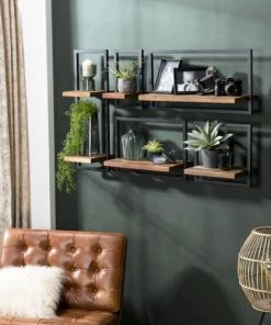 MACABANE Étagères Etagère Murale Métal 2 Plateaux Teck Recyclé Métal Noir -Vaisseliers Soldes Magasin etagere murale metal 2 plateaux teck recycle metal noir 4