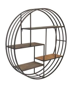 EMDE Étagères Etagère Ronde Mix Bois Métal Noir