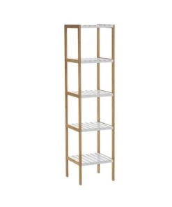 Wadiga Étagères Étagère Salle De Bain Bambou Blanc 5 étages - 34x33x140cm