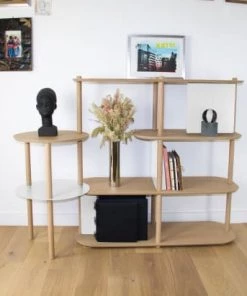 DIZY Design Étagères Grande étagère Avec Plateaux Pivotants En Chêne Et Métal Blanc -Vaisseliers Soldes Magasin grande etagere avec plateaux pivotants en chene et metal blanc 2