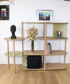 DIZY Design Étagères Grande étagère Avec Plateaux Pivotants En Chêne Et Métal Laiton -Vaisseliers Soldes Magasin grande etagere avec plateaux pivotants en chene et metal laiton 2