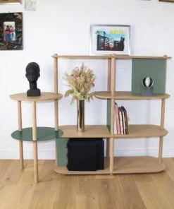 DIZY Design Étagères Grande étagère Avec Plateaux Pivotants En Chêne Et Métal Vert -Vaisseliers Soldes Magasin grande etagere avec plateaux pivotants en chene et metal vert 6