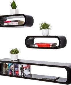 Tectake Étagères Lot De 3 étagères Murales LIV Effet Noir -Vaisseliers Soldes Magasin lot de 3 etageres murales liv effet noir 3