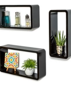 Tectake Étagères Lot De 3 étagères Murales Rectangle LEONIE Effet Noir -Vaisseliers Soldes Magasin lot de 3 etageres murales rectangle leonie effet noir 2