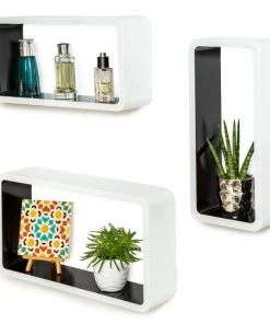 Tectake Étagères Lot De 3 étagères Murales Rectangle LEONIE Effet Noir/blanc -Vaisseliers Soldes Magasin lot de 3 etageres murales rectangle leonie effet noir blanc 2