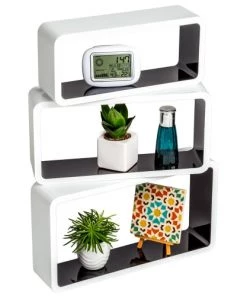 Tectake Étagères Lot De 3 étagères Murales Rectangle LEONIE Effet Noir/blanc -Vaisseliers Soldes Magasin lot de 3 etageres murales rectangle leonie effet noir blanc 4