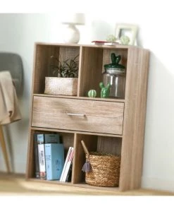 Casâme Étagères Meuble 4 Cases Décor Chêne Avec Grand Tiroir -Vaisseliers Soldes Magasin meuble 4 cases decor chene avec grand tiroir 5