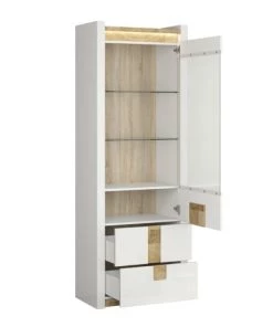 Brw Vitrines Vitrine 1 Porte 2 Tiroirs Avec Led Blanc Laqué Et Naturel -Vaisseliers Soldes Magasin vitrine 1 porte 2 tiroirs avec led blanc laque et naturel 2