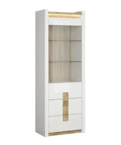 Brw Vitrines Vitrine 1 Porte 2 Tiroirs Avec Led Blanc Laqué Et Naturel