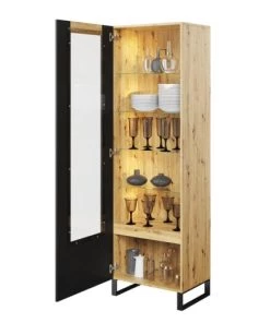 Lnt Vaisseliers Vitrine 1 Porte Avec Led Naturel Et Noir -Vaisseliers Soldes Magasin vitrine 1 porte avec led naturel et noir 2