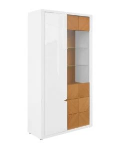 Brw Vaisseliers Vitrine 2 Portes 2 Tiroirs Blanc Laqué Et Naturel