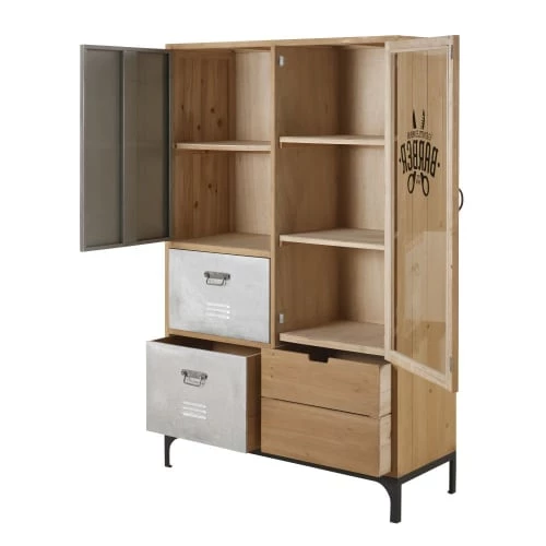 Maisons Du Monde Vitrines Vitrine 2 Portes 3 Tiroirs En Sapin Massif, Verre Et Métal 2 Maisons Du Monde Vitrines Vitrine 2 Portes 3 Tiroirs En Sapin Massif, Verre Et Métal – Image 2