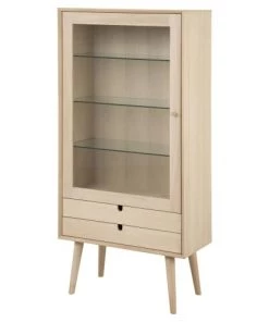 Toilinux Vitrines Vitrine En Panneau De Particules Et Verre Avec 2 Tiroirs Beige