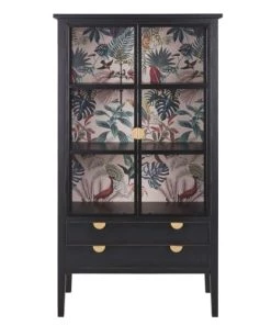 Maisons Du Monde Vitrines Vitrine En Sapin Noir 2 Portes 2 Tiroirs, Fond Imprimé Feuilles